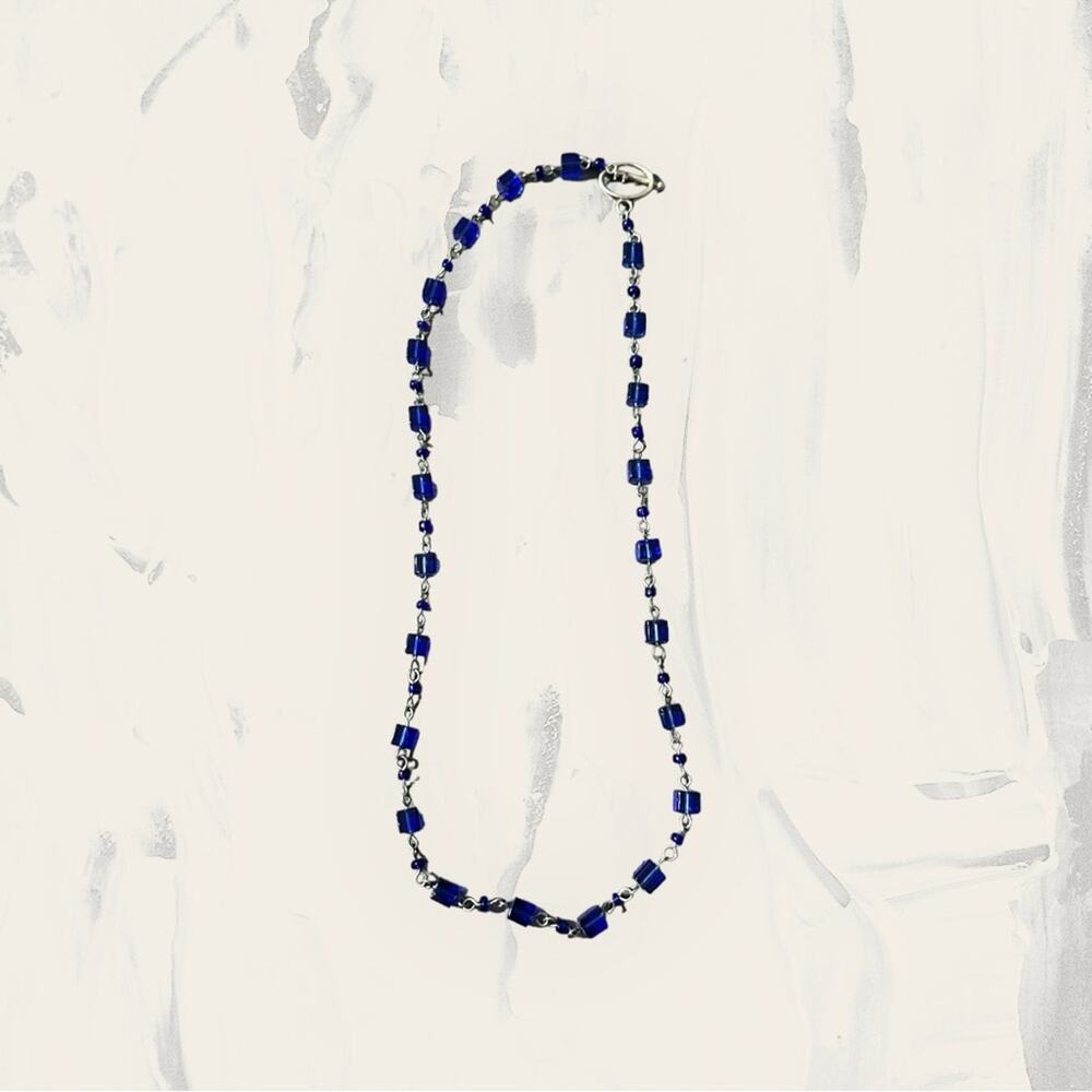 Silver Tone Necklace Blue Lapis Bead Woven Link Toggle Clasp Statement Jewelry